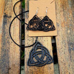 Triquetra Wood Carved Celtic Knot-Celtic Triple Goddess-Wiccan set jewelry